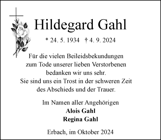 Traueranzeige von Hildegard Gahl von Odenwälder Echo