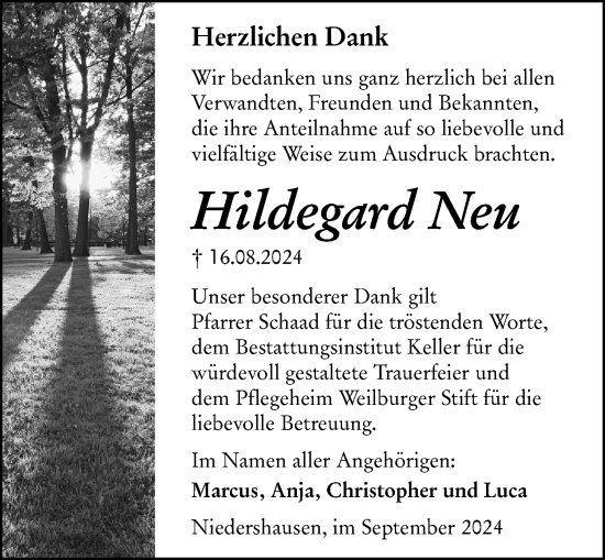 Traueranzeige von Hildegard Neu von Weilburger Tageblatt