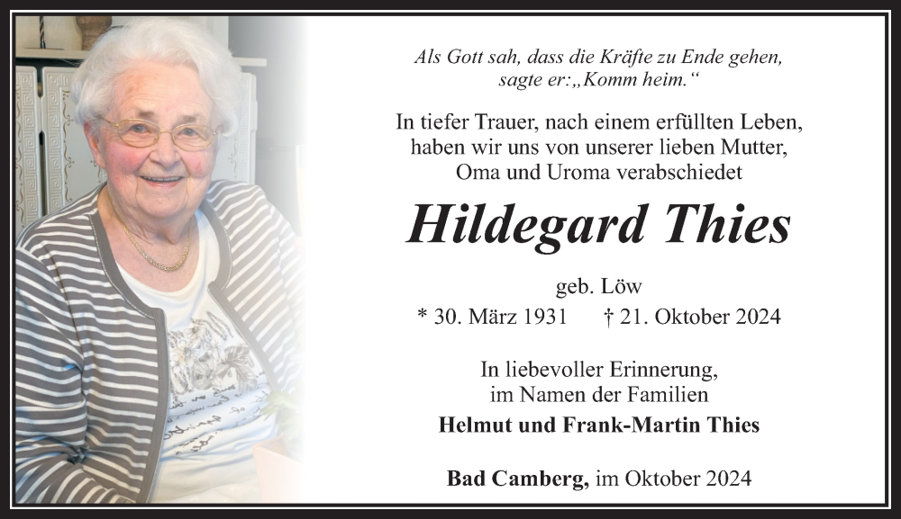  Traueranzeige für Hildegard Thies vom 31.10.2024 aus Camberger Anzeiger