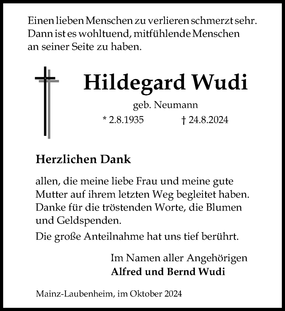  Traueranzeige für Hildegard Wudi vom 05.10.2024 aus Allgemeine Zeitung Mainz