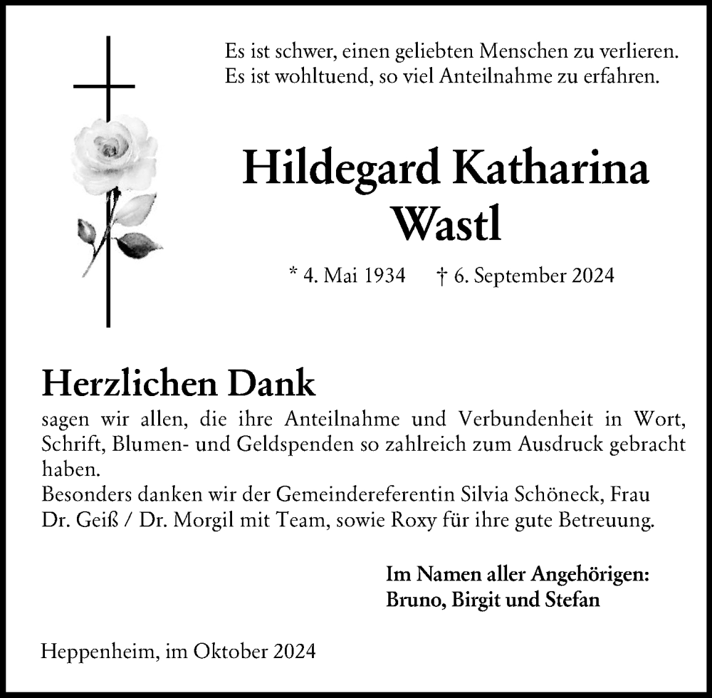  Traueranzeige für Hildegard Katharina Wastl vom 19.10.2024 aus Starkenburger Echo