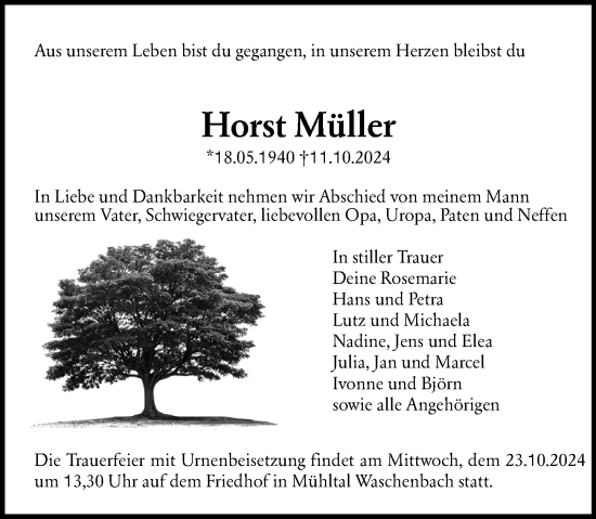 Traueranzeige von Horst Müller von Darmstädter Echo