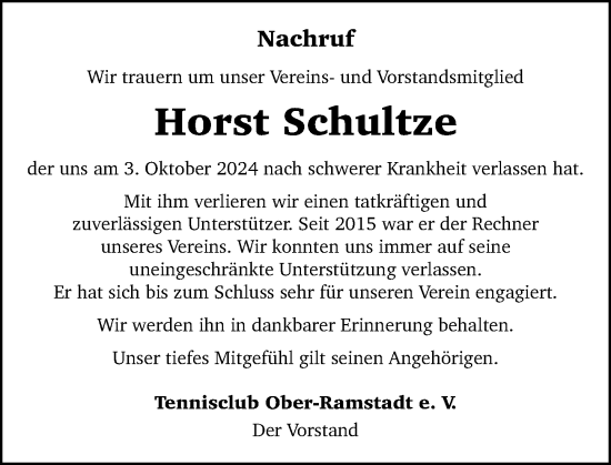 Traueranzeige von Horst Schultze von Darmstädter Echo