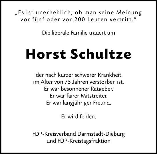 Traueranzeige von Horst Schultze von Darmstädter Echo