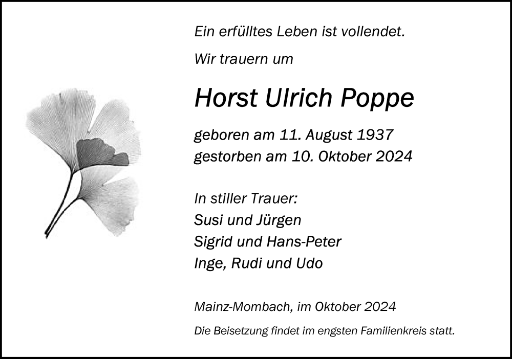  Traueranzeige für Horst Ulrich Poppe vom 26.10.2024 aus Allgemeine Zeitung Mainz