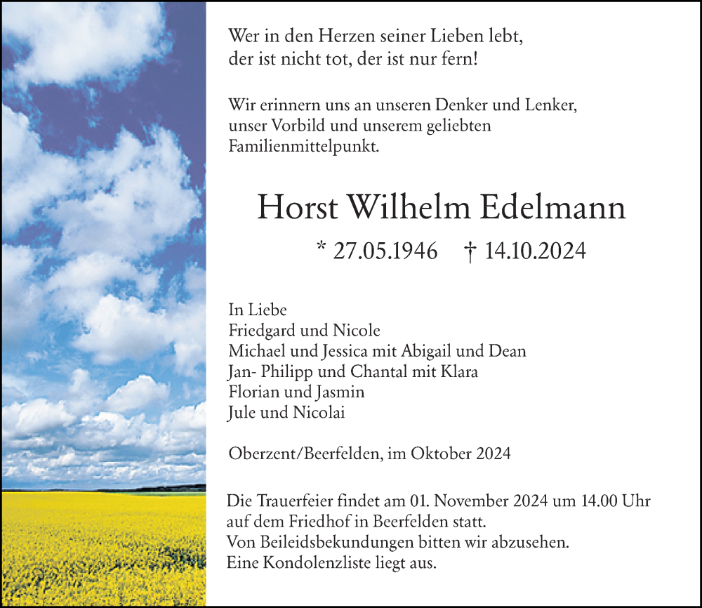  Traueranzeige für Horst Wilhelm Edelmann vom 26.10.2024 aus Odenwälder Echo