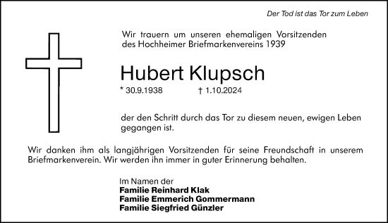 Traueranzeige von Hubert Klupsch von Hochheimer Zeitung