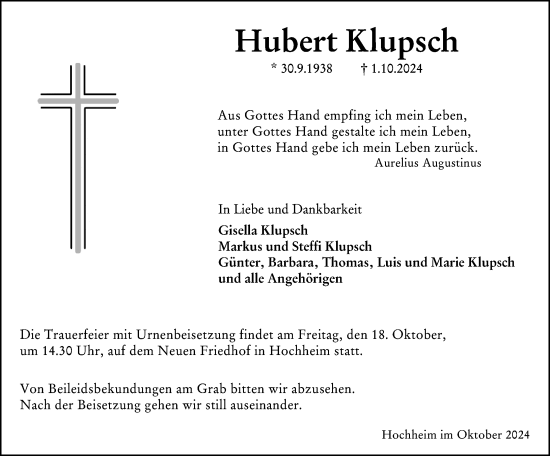 Traueranzeige von Hubert Klupsch von Hochheimer Zeitung