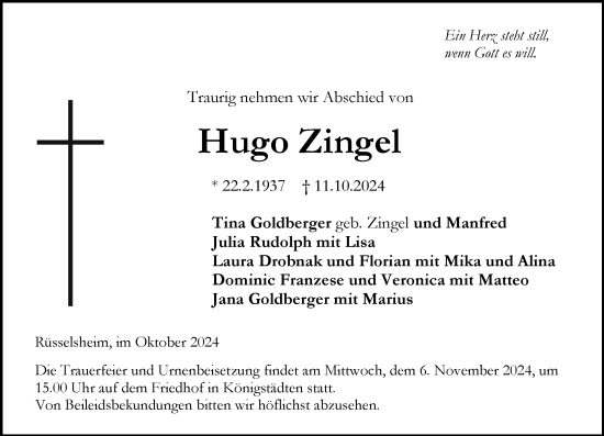 Traueranzeige von Hugo Zingel von Rüsselsheimer Echo
