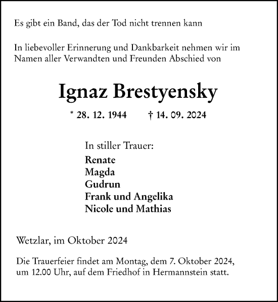 Traueranzeige von Ignaz Brestyensky von Wetzlarer Neue Zeitung