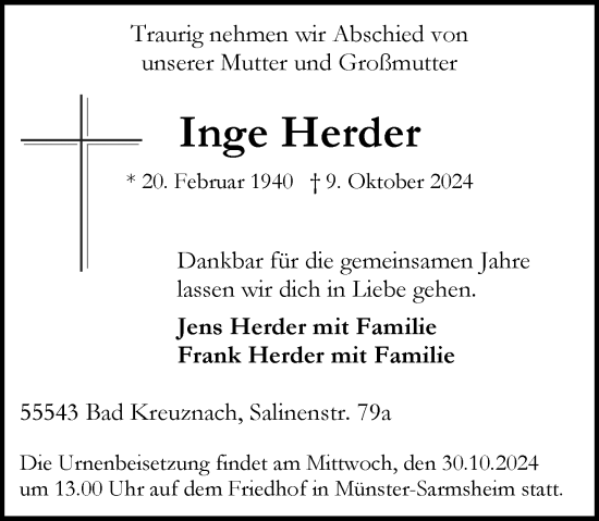 Traueranzeige von Inge Herder von Allgemeine Zeitung Rheinhessen-Nahe