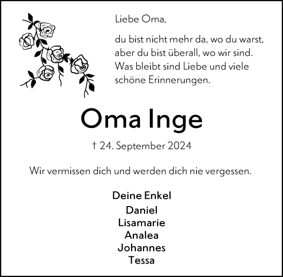 Traueranzeige von Inge Wetter von Hinterländer Anzeiger