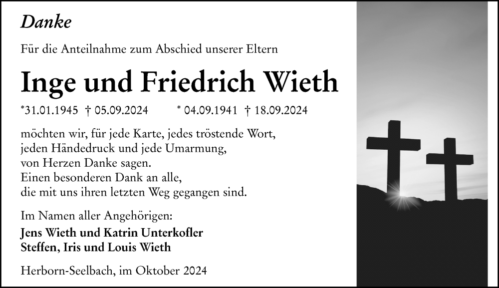  Traueranzeige für Inge Wieth vom 26.10.2024 aus Dill Block