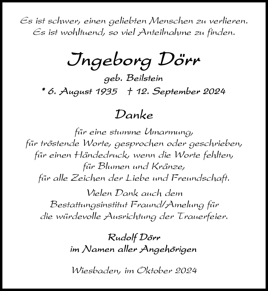  Traueranzeige für Ingeborg Dörr vom 05.10.2024 aus Wiesbadener Kurier