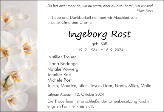 Traueranzeige von Ingeborg Rost von Wetzlarer Neue Zeitung