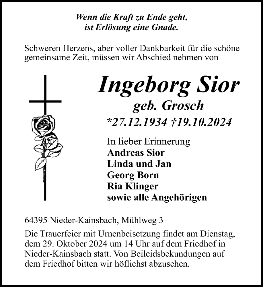  Traueranzeige für Ingeborg Sior vom 26.10.2024 aus Odenwälder Echo