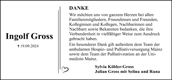 Traueranzeige von Ingolf Gross von Allgemeine Zeitung Mainz