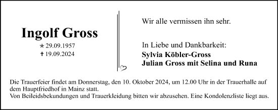Traueranzeige von Ingolf Gross von Allgemeine Zeitung Mainz