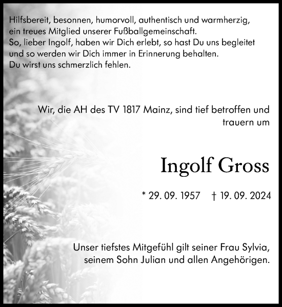 Traueranzeige von Ingolf Gross von Allgemeine Zeitung Mainz