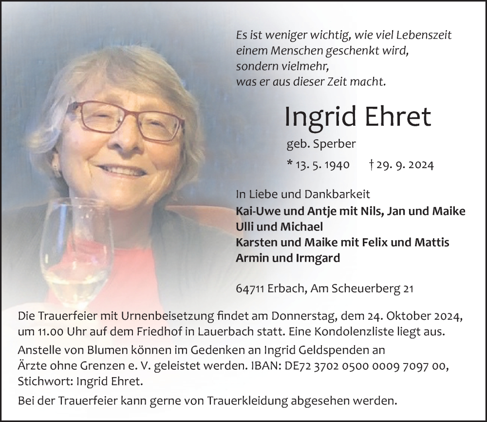  Traueranzeige für Ingrid Ehret vom 12.10.2024 aus Odenwälder Echo