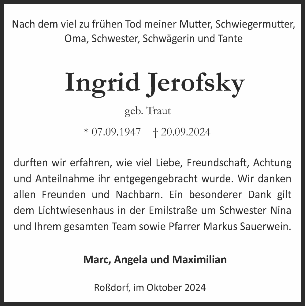  Traueranzeige für Ingrid Jerofsky vom 19.10.2024 aus Darmstädter Echo