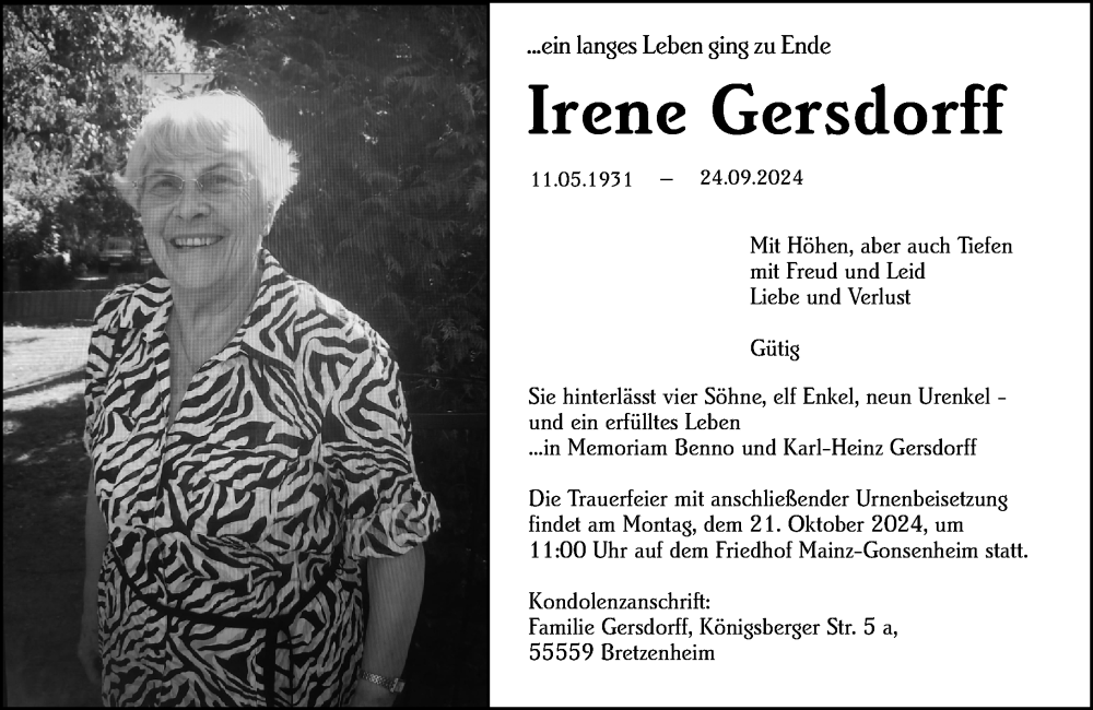  Traueranzeige für Irene Gersdorff vom 12.10.2024 aus Allgemeine Zeitung Mainz
