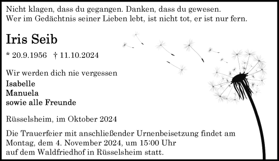 Traueranzeige von Iris Seib von Rüsselsheimer Echo