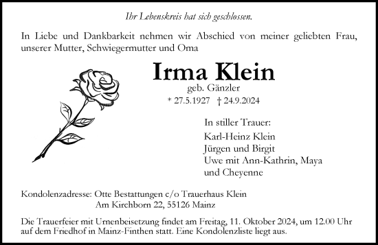 Traueranzeige von Irma Klein von Allgemeine Zeitung Mainz