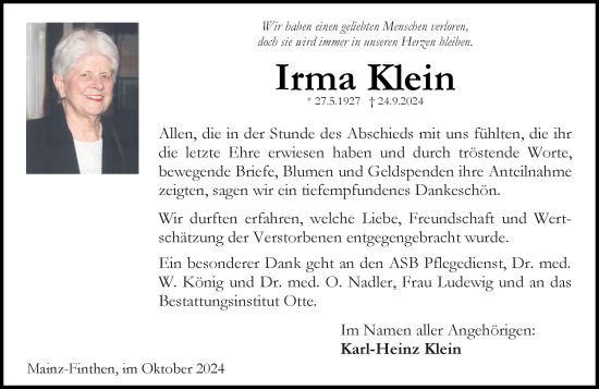 Traueranzeige von Irma Klein von Allgemeine Zeitung Mainz
