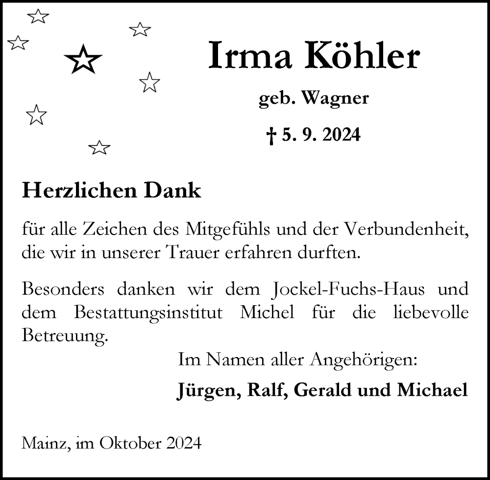  Traueranzeige für Irma Köhler vom 12.10.2024 aus Allgemeine Zeitung Mainz