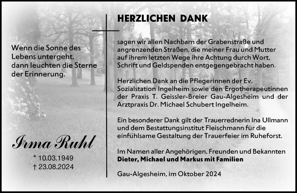  Traueranzeige für Irma Ruhl vom 05.10.2024 aus Allgemeine Zeitung Rheinhessen-Nahe