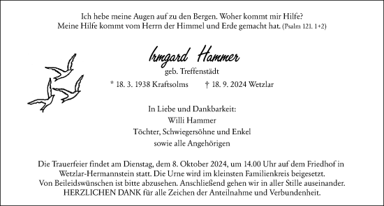 Traueranzeige von Irmgard Hammer von Wetzlarer Neue Zeitung