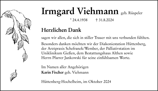 Traueranzeige von Irmgard Viehmann von Wetzlarer Neue Zeitung