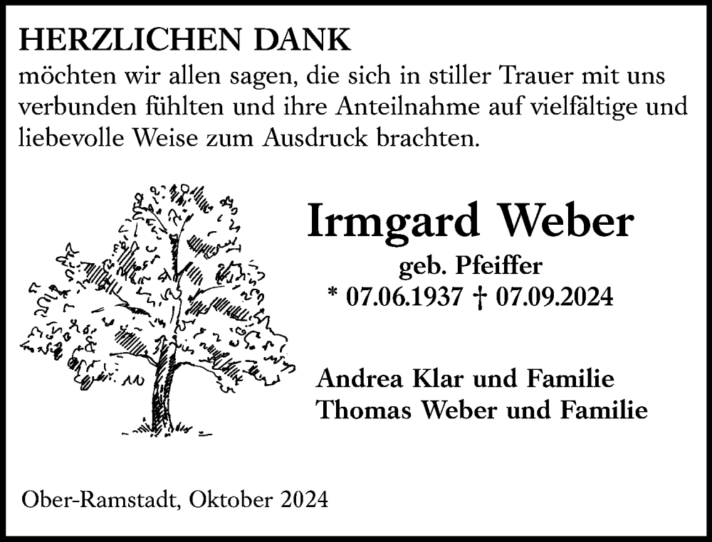  Traueranzeige für Irmgard Weber vom 26.10.2024 aus Darmstädter Echo