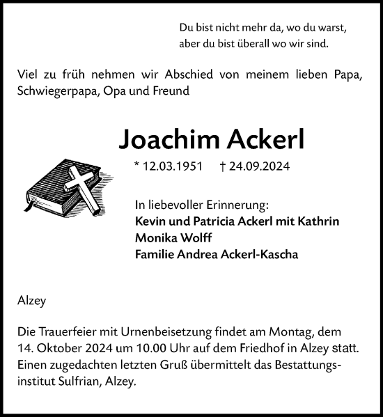 Traueranzeige von Joachim Ackerl von Allgemeine Zeitung Alzey