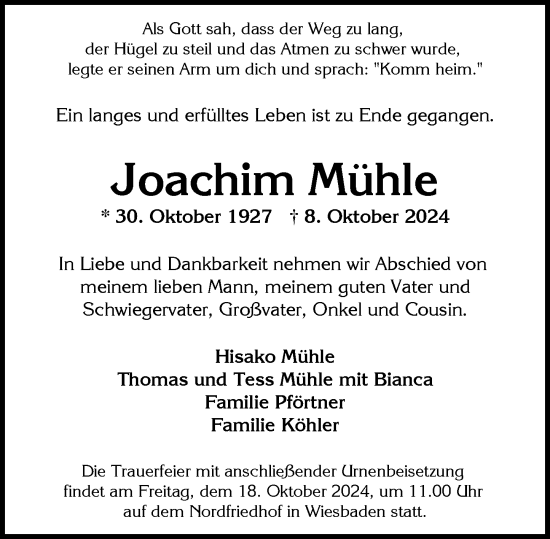 Traueranzeige von Joachim Mühle von Wiesbadener Kurier