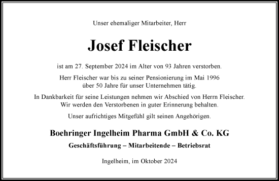 Traueranzeige von Josef Fleischer von Allgemeine Zeitung Rheinhessen-Nahe