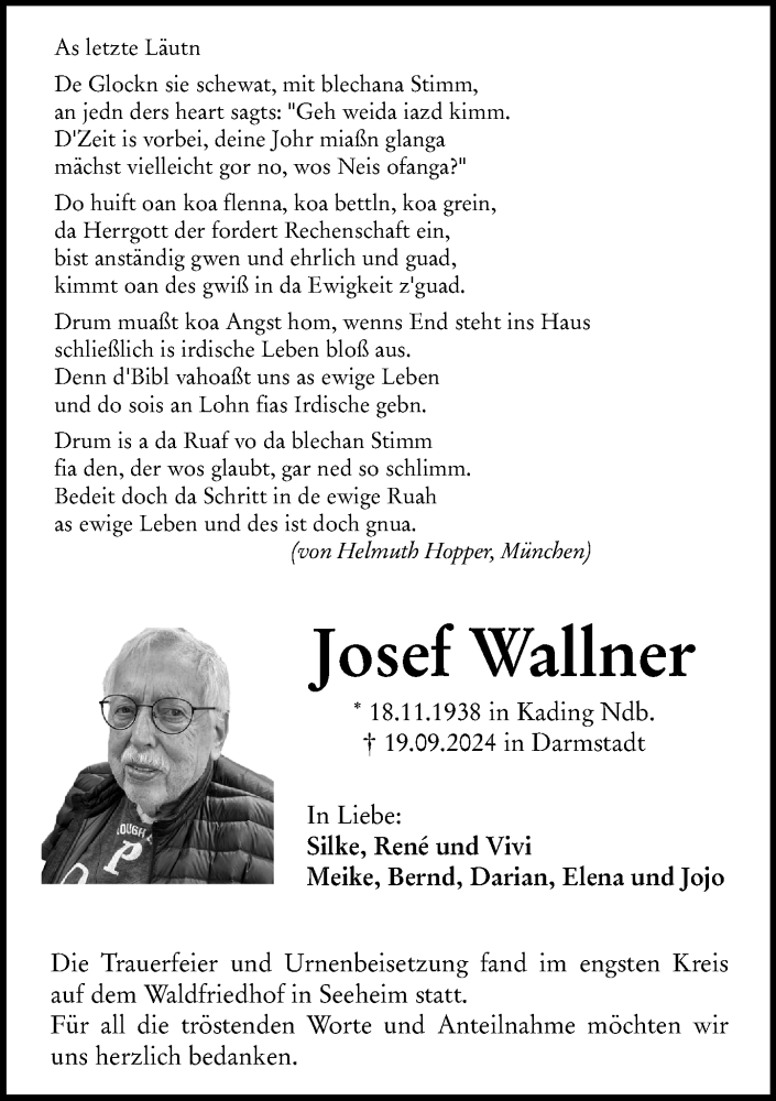 Traueranzeige für Josef Wallner vom 12.10.2024 aus Darmstädter Echo