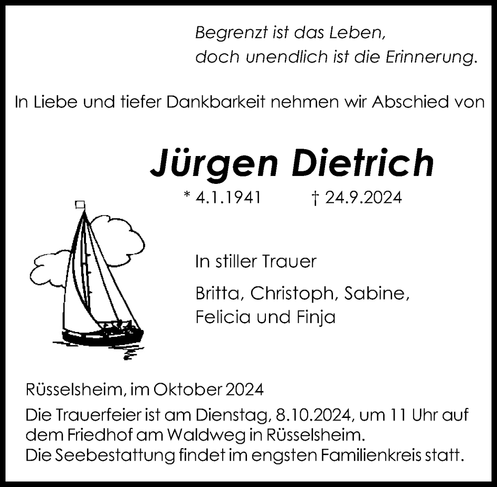  Traueranzeige für Jürgen Dietrich vom 05.10.2024 aus Rüsselsheimer Echo