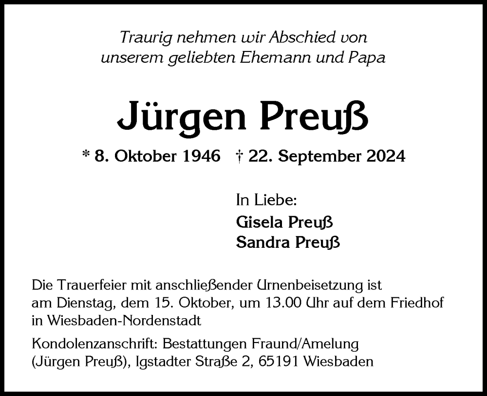  Traueranzeige für Jürgen Preuß vom 05.10.2024 aus Wiesbadener Kurier