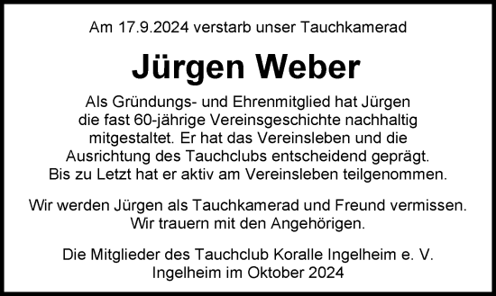 Traueranzeige von Jürgen Weber von Allgemeine Zeitung Rheinhessen-Nahe
