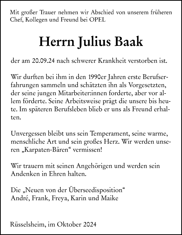  Traueranzeige für Julius Baak vom 05.10.2024 aus Rüsselsheimer Echo