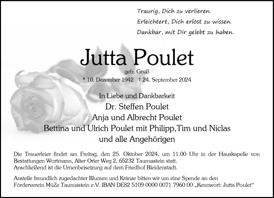 Traueranzeige von Jutta Poulet von Wiesbadener Kurier