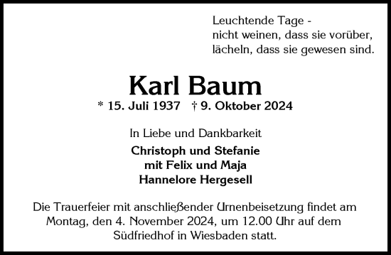 Traueranzeige von Karl Baum von Wiesbadener Kurier