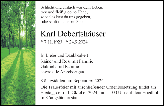 Traueranzeige von Karl Debertshäuser von Rüsselsheimer Echo