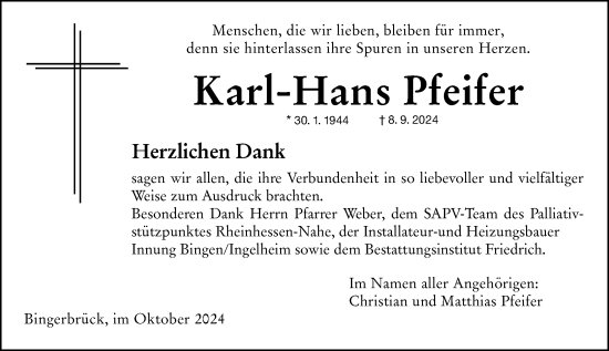 Traueranzeige von Karl-Hans Pfeifer von Allgemeine Zeitung Rheinhessen-Nahe