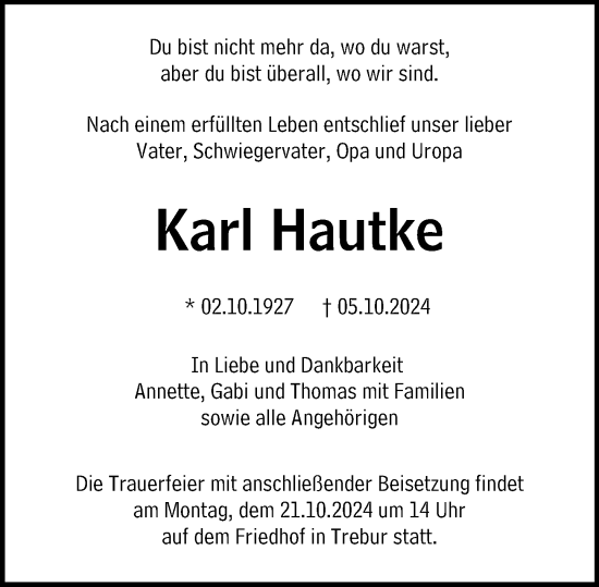 Traueranzeige von Karl Hautke von Rüsselsheimer Echo