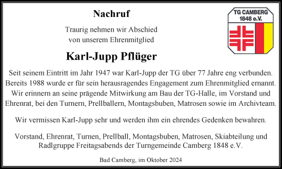 Traueranzeige von Karl-Jupp Pflüger von Camberger Anzeiger