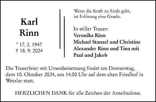 Traueranzeige von Karl Rinn von Wetzlarer Neue Zeitung