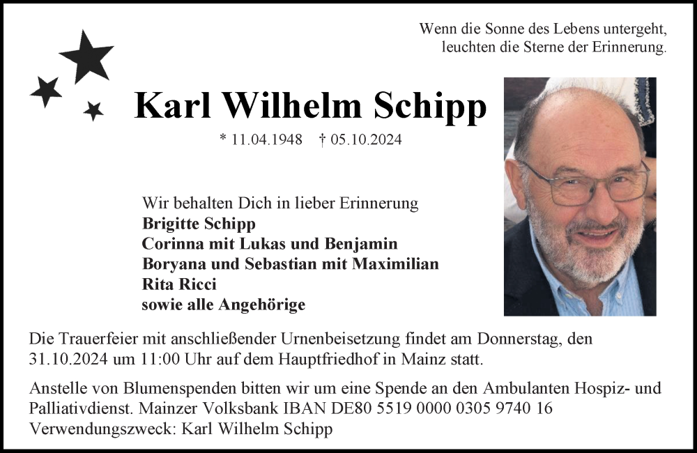 Traueranzeige für Karl Wilhelm Schipp vom 26.10.2024 aus Allgemeine Zeitung Mainz